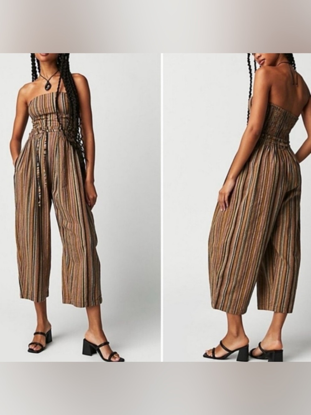 Free People Striped Strapless Wide-Leg Jumpsuit in Brown Multi
